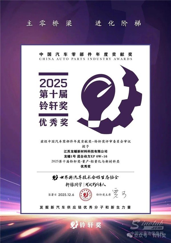 【龍蟠科技】再獲殊榮！龍蟠1號混合動力專用油榮獲第十屆鈴軒獎優(yōu)秀獎