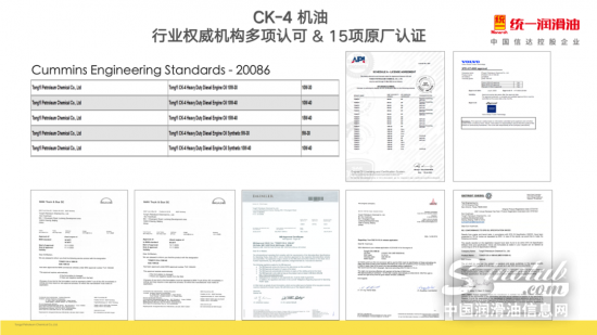 收獲國內(nèi)外多項權(quán)威認證，統(tǒng)一CK-4潤滑油靠